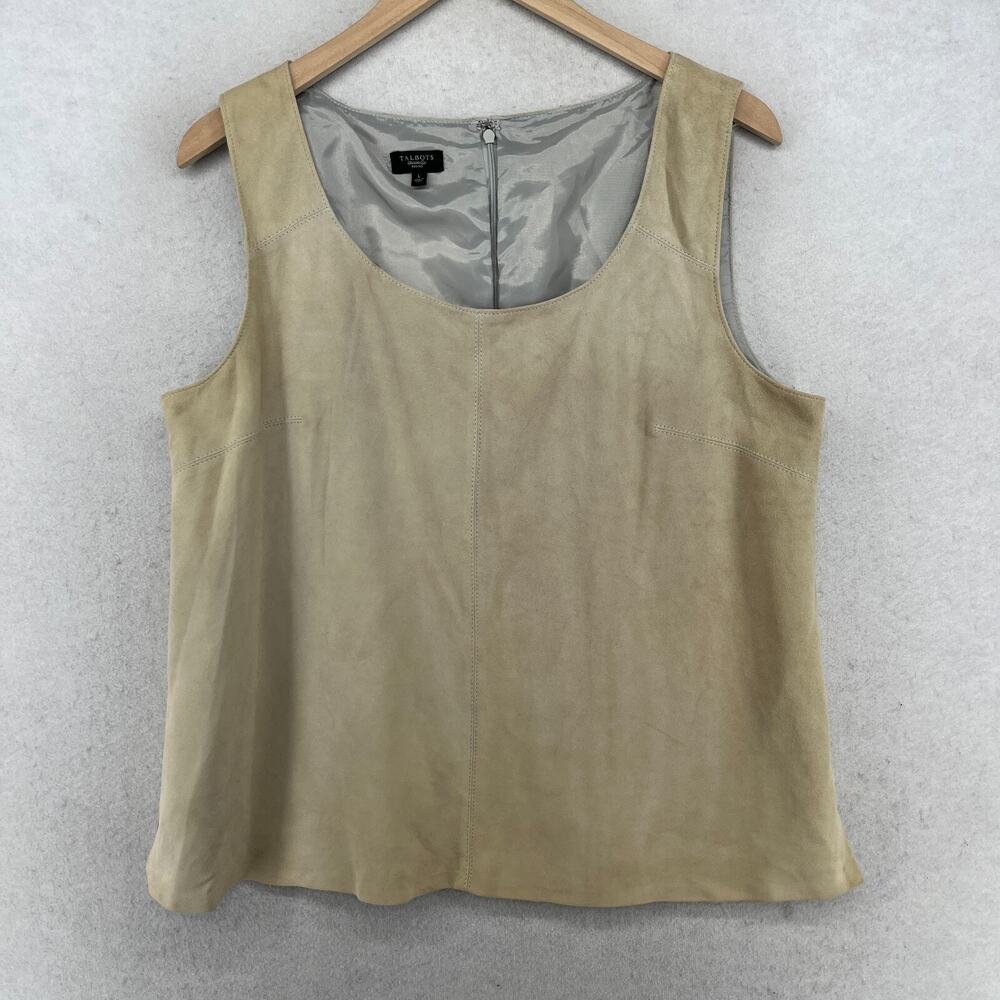 TALBOTS Tank Top PL Petite Soft Suede Leather Scoop Neck Lined Back Zip Beige
